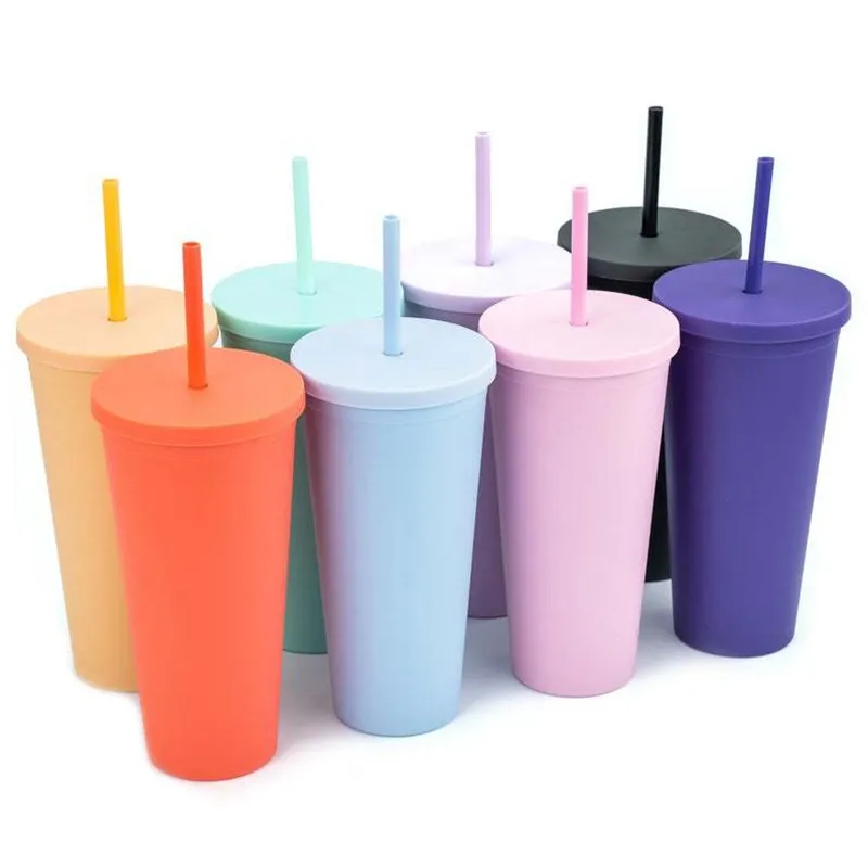 Tasses de paille en plastique Double couche de 16 OZ, à la mode pour adultes et enfants, tasses à café droites, gobelets aux couleurs acidulées, tasse d'eau givrée