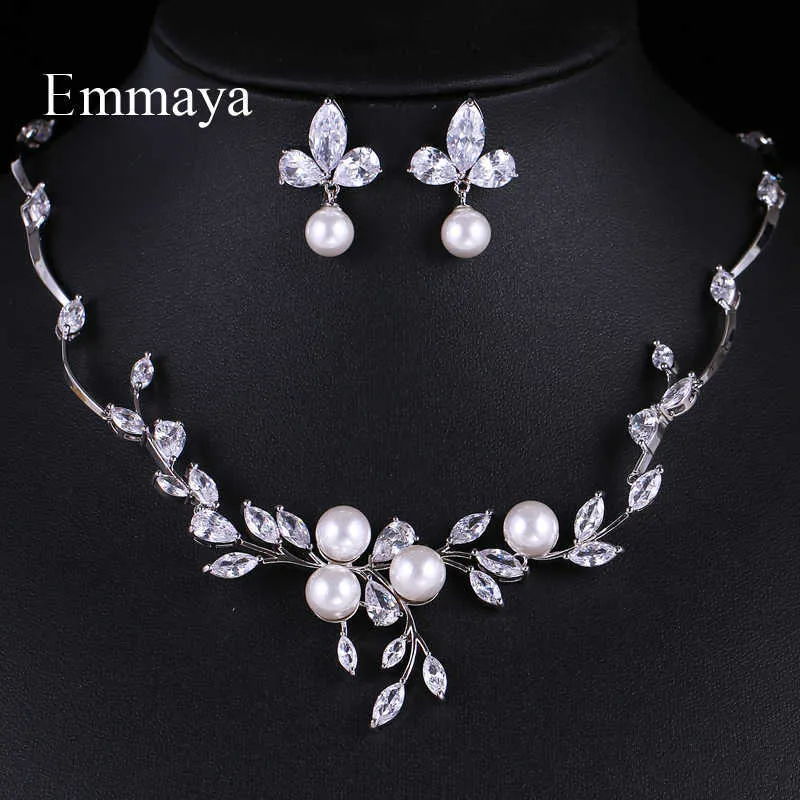 Emmaya estilo de luxo folhas crescentes com pérola zircão cúbico elegante conjuntos jewellry brinco colar para mulheres que freqüentam festa H1022