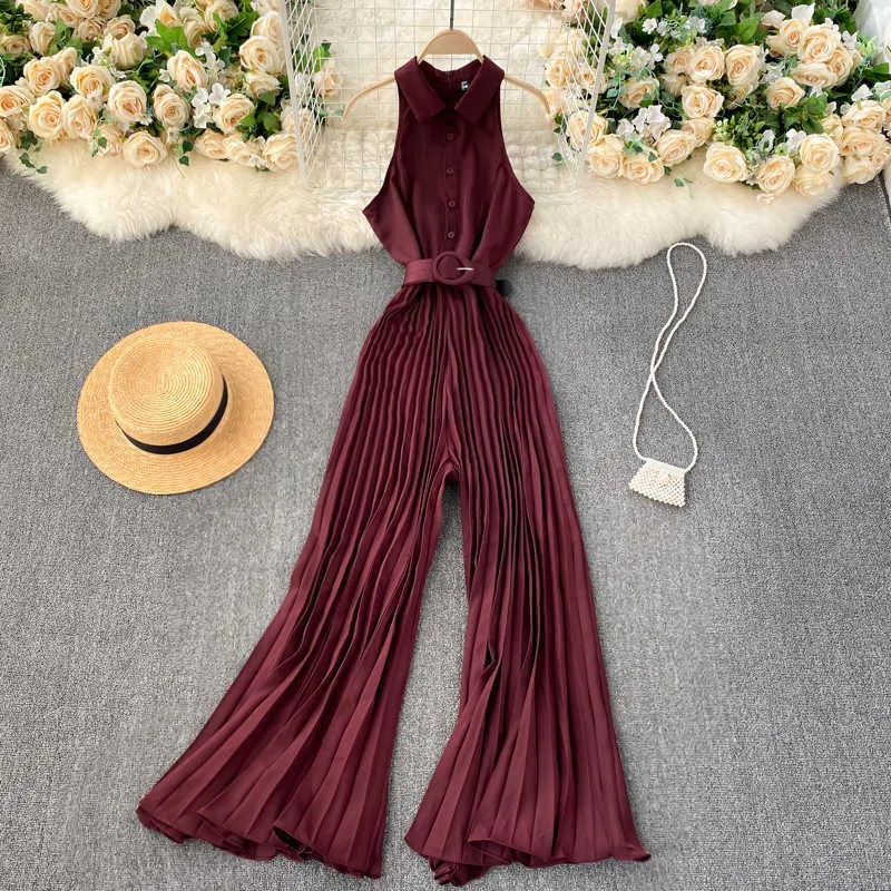 Feminine Slim Single Breasted Chiffon Jumpsuit with Wide Leg and Pleated for Women - Sleeveless Solid Color Overalls (Q548 210527)
