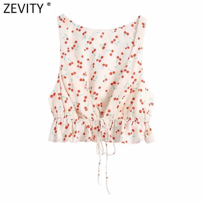 Zevity Femmes Doux Cerise Imprimer Ourlet À Lacets À Volants Court Smock Blouse Lady Style Français Chemise De Plage Chic Crop Blusas Tops LS9364 210603