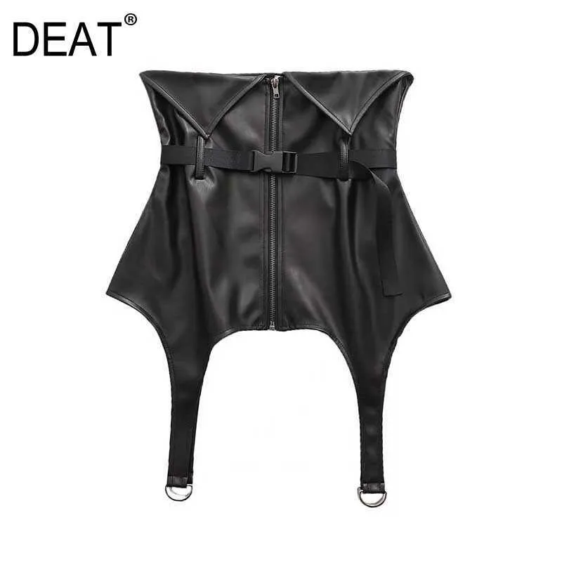 [DEAT] Summer Fashion Solid Color Girdle Sleeveless Breast Wrap PU Leather Street Style Women Tank Tops 13C937 210527