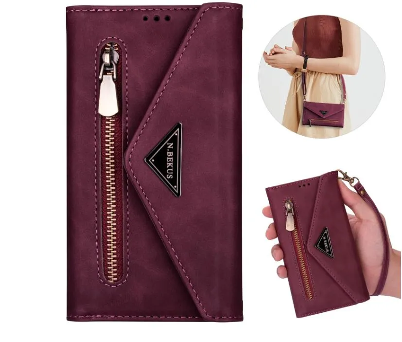 Luxury Skin Feeling Wallet Leather Phone Falls Multifunktionellt med Lanyard Card Slot Holder Zipper f￶r iPhone 14 13 12 11 XS XSmax 7/8Plus Samsung