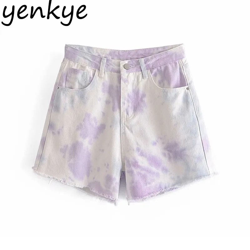 Krawat Dye Dżinsowe Szorty Kobiety Vintage Wysoka Talia Dorywczo Lato Krótkie Spodnie Mujer Frayed Krawęta Kieszenie Pantalones Cortos 210430