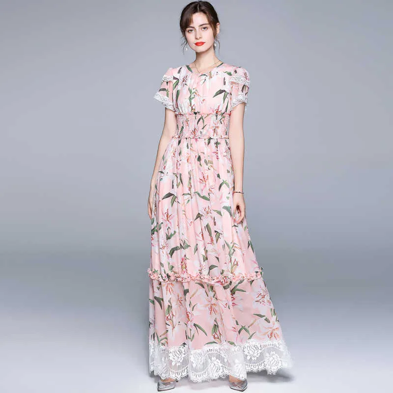 Mujer diseño floral vestido de manga corta francesa o cuello a-line es verano bohemio impresión empalme encaje largo 210529