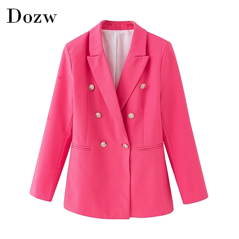 세련된 더블 브레스트 장미 블레이저 여성 사무실 착용 긴 소매 재킷 노치 칼라 캐주얼 outwear 코트 숙녀 탑 210515