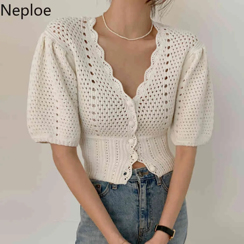 Neploe Vintage Prendas de punto Suéter Puff Manga Hollow Out Crochet Flower Cardigan Mujeres Elegante V Cuello Slim Knit Crop Tops 4H955 210422