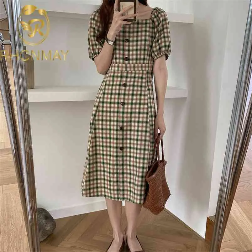 Summer Retro Square Collar Plaid Elegance A-Line Waist-Controlled Chic Gentle All Match Vintage Geometric Dress 210506