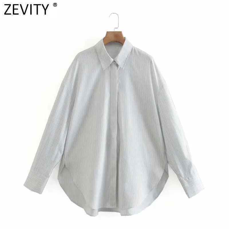 Zevity Kobiety Vintage Paski Print Casual Luźne Kimono Koszule Retro Damskie Długie Rękaw Bluzka Roupas Chic Femininas Topy LS7578 210603