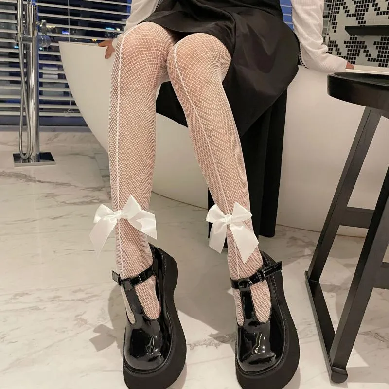Black Silk Large Bow Tights White Fishing Net Stockings Sweet Hollowed Out  To Show Thin Girl Pantyhose Socks & Hosiery