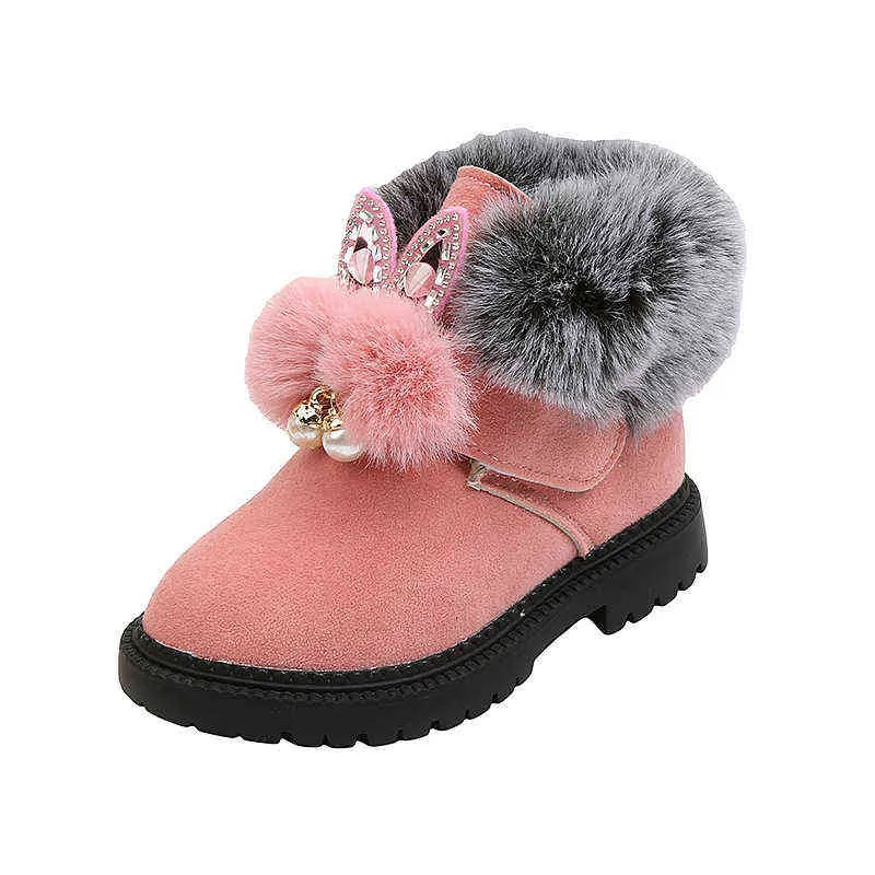 Girls Snow Boots Kids Ankle Boots Sweet Cute Rabbit Ear Crystal Fluffy Smooth Fur Hairy Warm Thick Cotton Children Winter Boots 211108