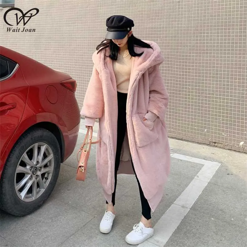 Manteau en fausse fourrure surdimensionné femmes hiver épais chaud manteau en peluche dames grande veste à capuche femme rose Teddy Zipper 211220