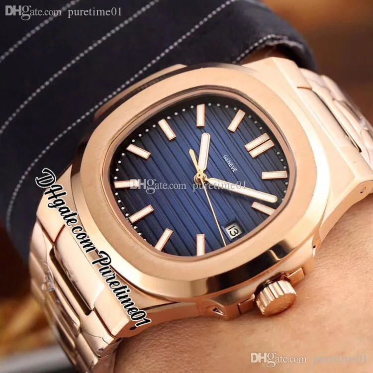 2022 5711 A21J Automatic Mens Watch Rose Gold D-Blue Textured Dial Stick Markery Bransoletka ze stali nierdzewnej 9 stylów Zegarki Puretime01 E25D4