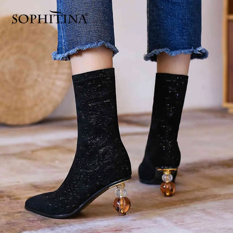 Sophitina النساء الأحذية السوداء موجزة السيدات أنيقة أحذية الكاحل مربع صغير تو غريب أحذية عالية الكعب رواج أحذية النساء SO660 210513