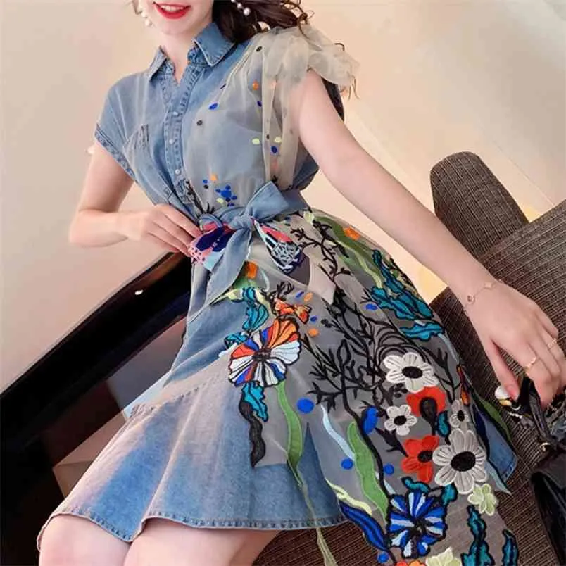 Zoete borduurwerk mesh stitching onregelmatige ruches losse denim jurk mode zomer mouwloze elegante riemen casual 210519