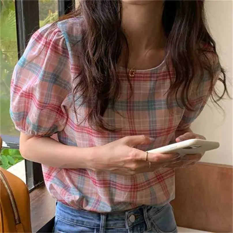 Girls Plaid Gentle Vintage Sweet Basic OL Tops Geometric Streetwear Casual All Match Summer Fairy Shirts 210525