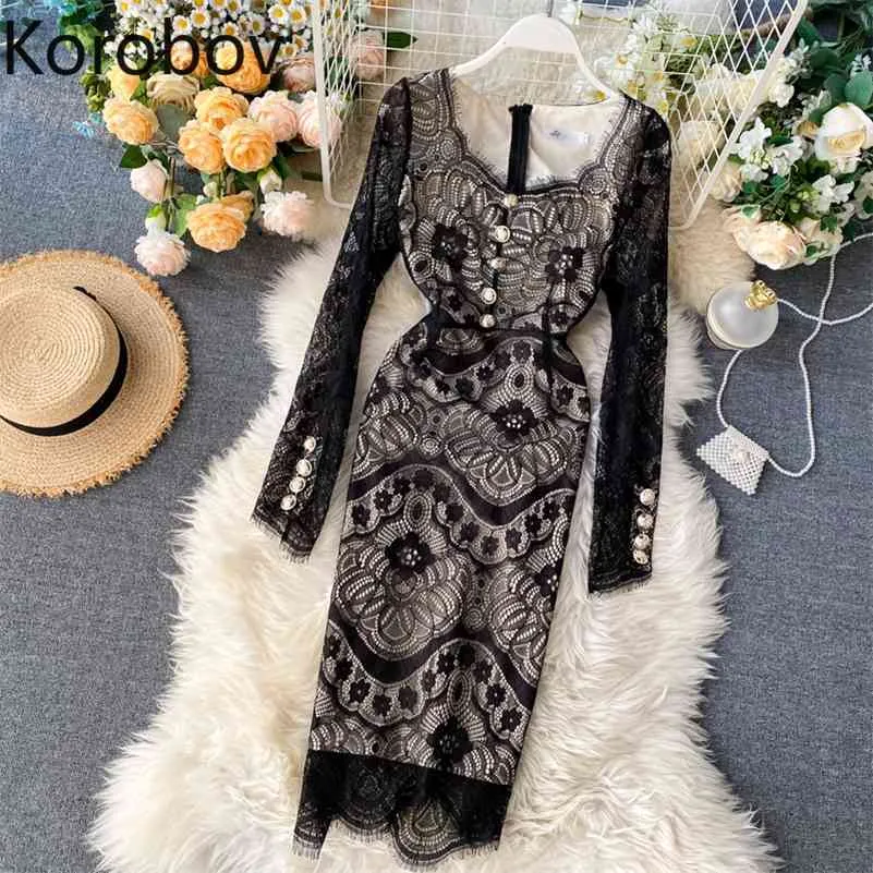 Korobov Elegante Chic Patchwork di pizzo Guaina sexy Abito da donna Scava fuori O Collo Manica lunga Abiti da festa Abiti 79664 210430