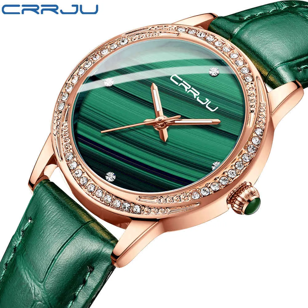 Mulheres Green Watch Crrju Moda Luxo Diamante Relógios Senhoras Vestido Simples Malha Pulseira Impermeável Relógios De Quartzo Reloj Mujer 210517