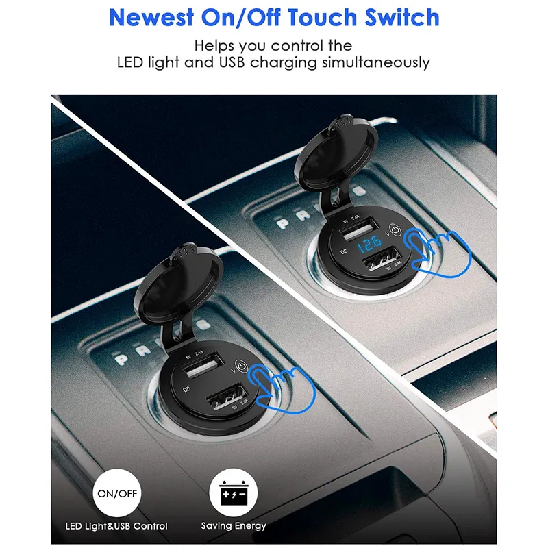 Qidoe Presa USB 12V per Auto: Ricarica Rapida 3.0 Caricabatteria da Auto Incasso Impermeabile Adattatore con Interruttore LED Indicatore di Tensione per Auto, Moto, Barca, Camion, Caravan