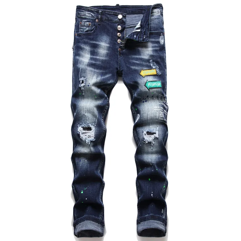 Heren Slim Fit Big Size Paarse jeans Heren Paint Hole Style Vernietigde Skinny Straight Leg Washed Casual Normale Denim Broek Broeken