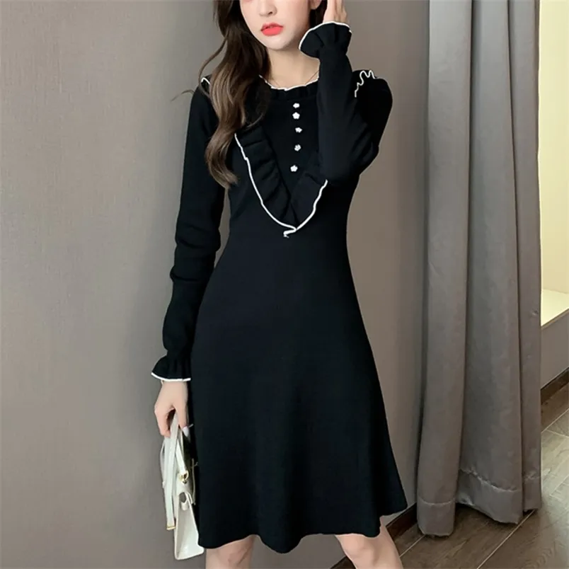 Otoño Invierno Navidad Mujeres Vestido de punto Manga larga Coreano Slim Negro Mini Casual Robe Femme Sukienka 210514