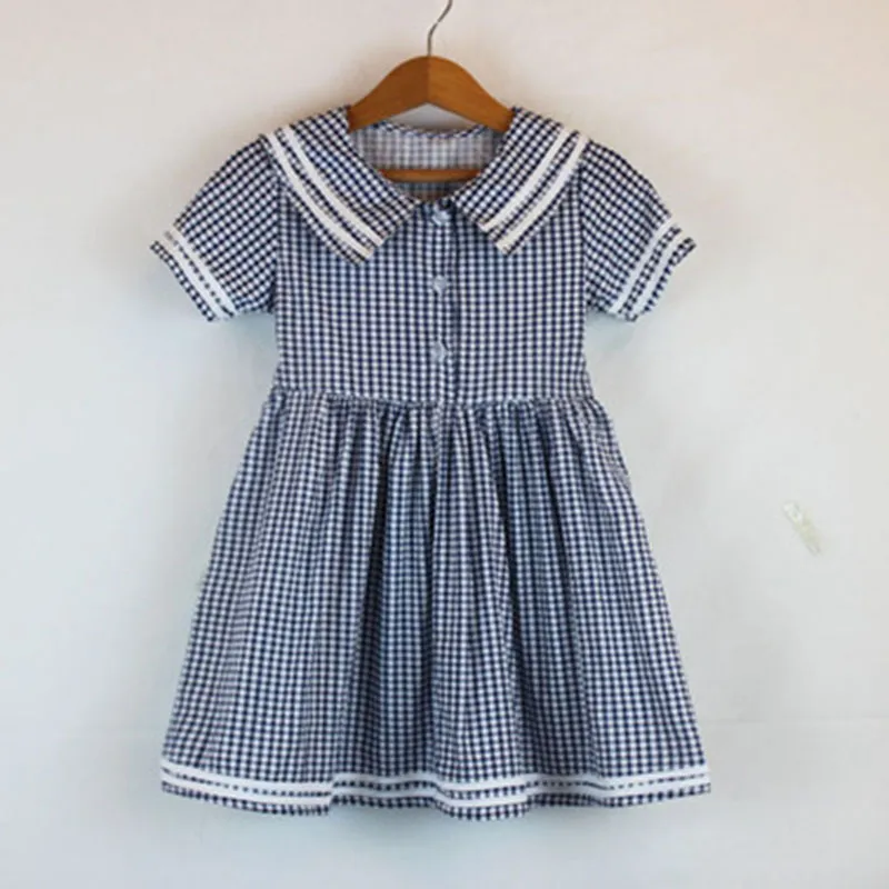 Navy Wind Baby Girls Short Sleeve Grid Dresses Summer Kids Girl Princess Clothing Casual Fashion 210521