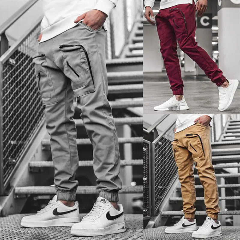 2021 primavera e autunno pantaloni da uomo con utensili in tessuto multi-tasca con cerniera moda pantaloni casual da strada con coulisse