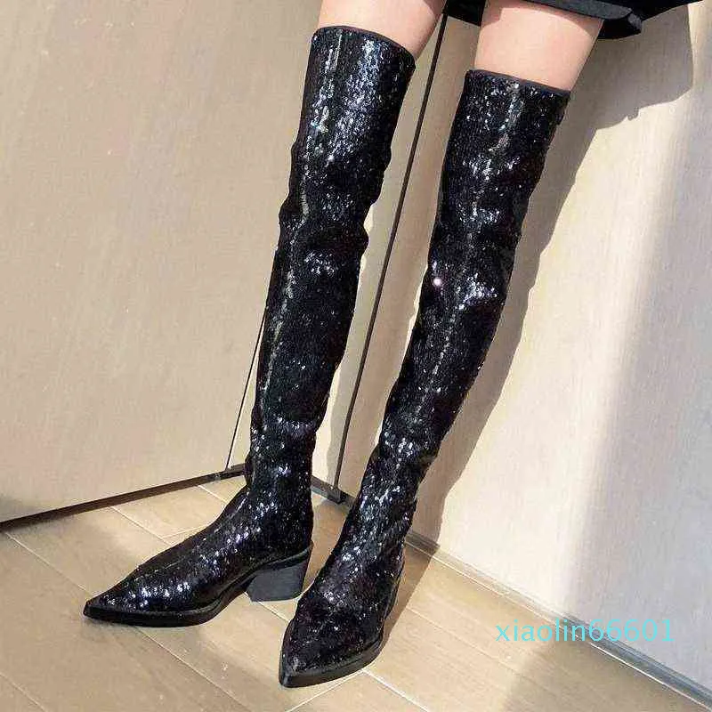 Prova Perfetto 2022 Höst Vinter Sexig över knäet Lång Stövlar Nattklubb Sequined Pointed Toe Women Boots Bling Fashion S8it #