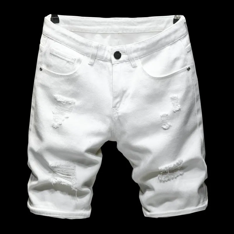 Verano blanco puro negro ligero rasgado pantalones cortos de mezclilla ropa de marca clásica pantalones vaqueros casuales rectos delgados para hombres jóvenes