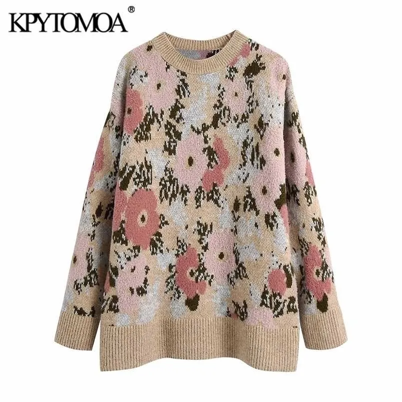 KpyTomoa Kobiety Moda Oversized Floral Jacquard Sweter Dzianiny Vintage O Neck Z Długim Rękawem Kobiet Pulowers CHIC TOPS 211103