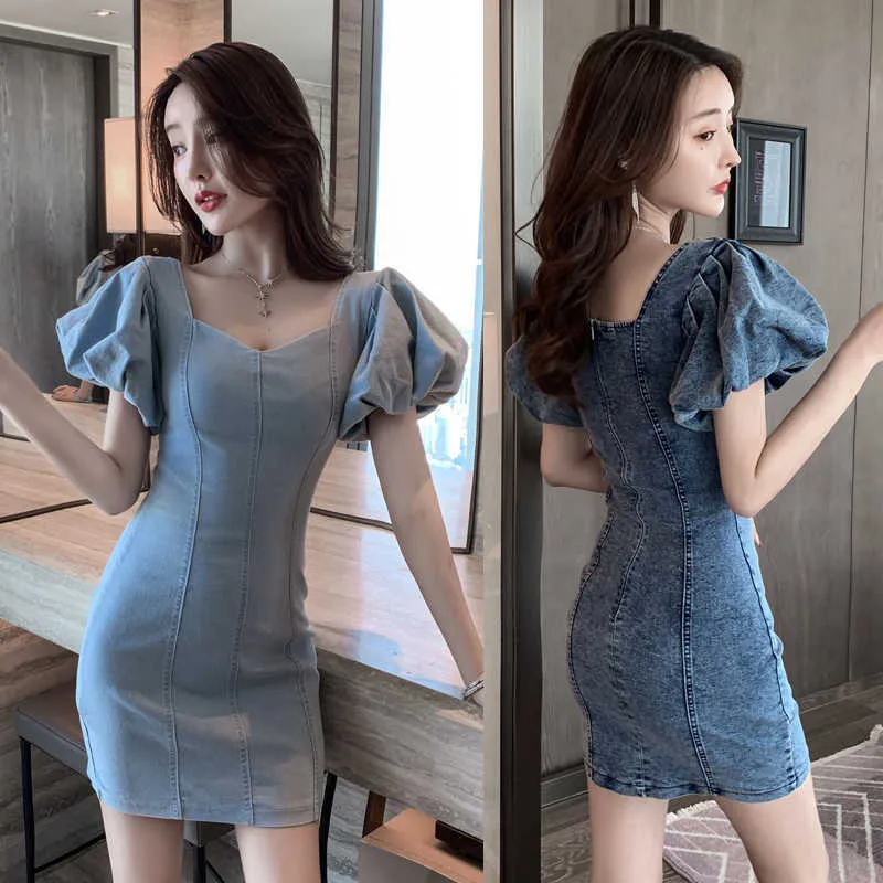 Dresses Women Summer Korean Chic V Neck Lantern Sleeve Denim Dress Mini Vintage Sexy Short Sleeve Jeans Vestido De Mujer Wild 210610