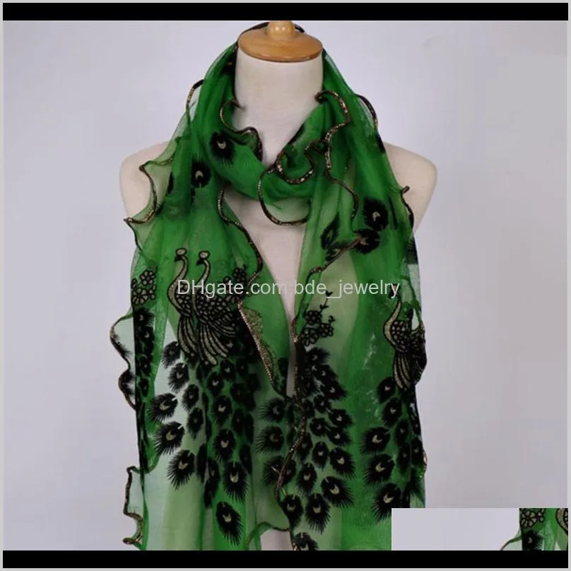 Wraps Chapeaux, Foulards Gants Mode Aessories Design Femmes Mousseline De Soie Plume De Paon Fleur Dentelle Brodée Élégant Long Doux Wrap Châle Ladi