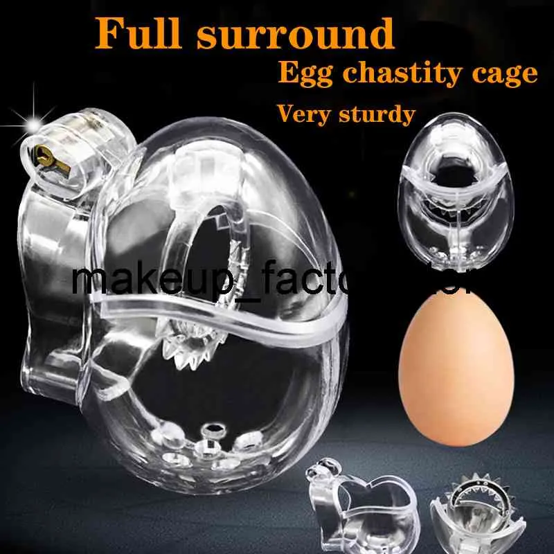 Massage 2022 Ny design Male Egg-typ helt återhållsamhet Kyskhetsenhet Bondage Belt Cock Cage Sex Toy Sissy Spikes Penis Ring