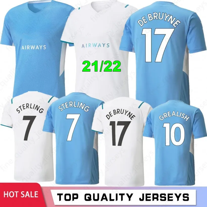 21 22 Custom Blue Man Soccer Jerseys Grealish Sterling Ferran de Bruyne Foden G.jesus 2021 2022 Fotbollskjortor Män + Kids Kit Sets Uniform Maillot de Foot