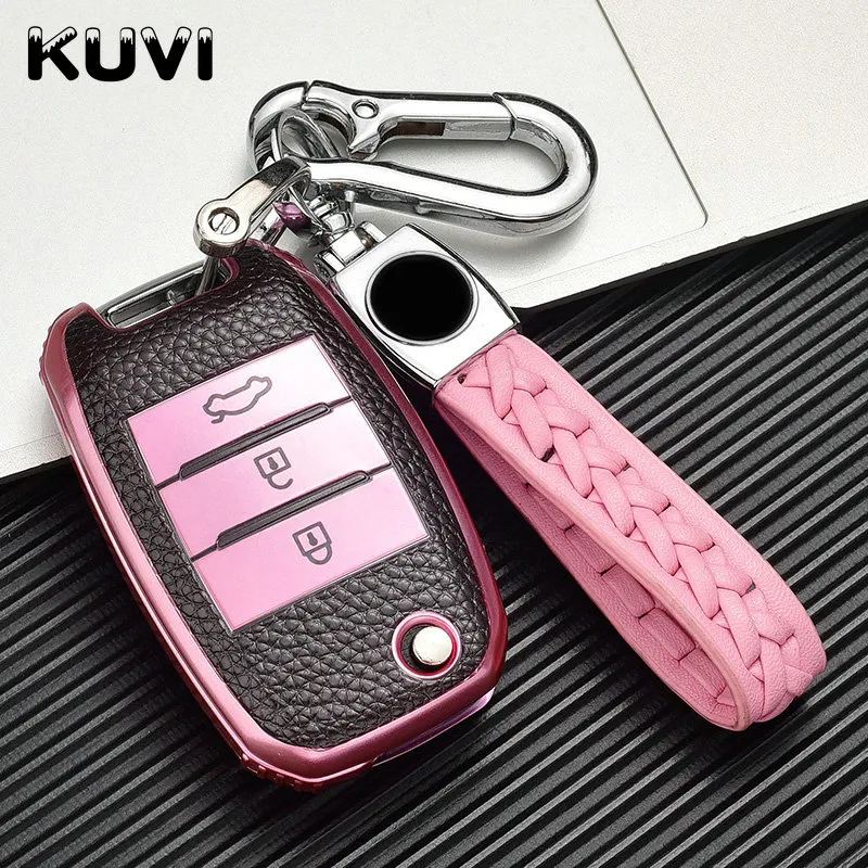 Leather Folding Car Key Cover Protection For KIA Sid Rio Soul Sportage Ceed Sorento CeratoK2 K3 K4 K5 Remote Case Keychain