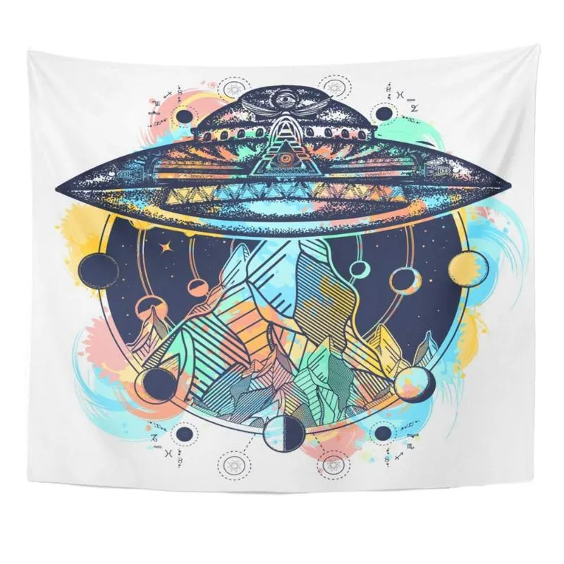TABESTRYER MANDALA 50x60 inches Akvarellutrymme UFO Fartyg och berg Färg Tatuering Aliens Astrologi Camping Kidnap Decor Tapestry Wall