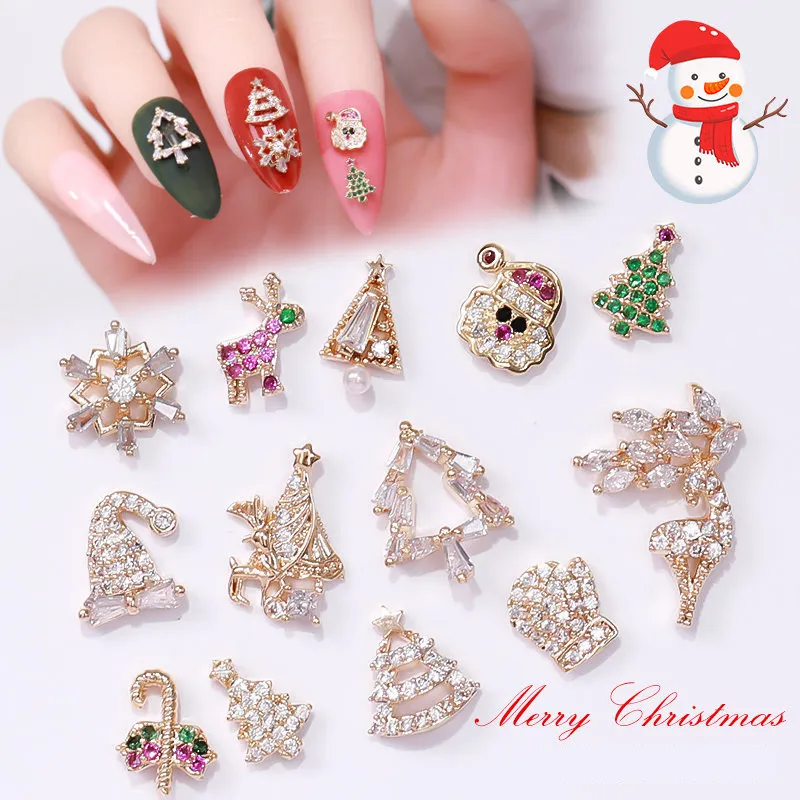 10 pezzi di decorazioni in zircone, Babbo Natale, alce delle nevi, cristalli per nail art, accessori, ciondoli per unghie natalizi con strass