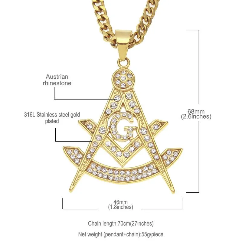 Colares Pingente Hip Hop Bling Iced Out Strass Ouro Aço Inoxidável Masonic Masonry Colar Para Homens Rapper Jewelry285P