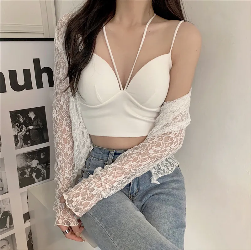 Nouveau femmes été sexy coton tissu licou cou bretelles spaghetti couleur unie rembourré gilet court débardeur taille haute caraco bustier