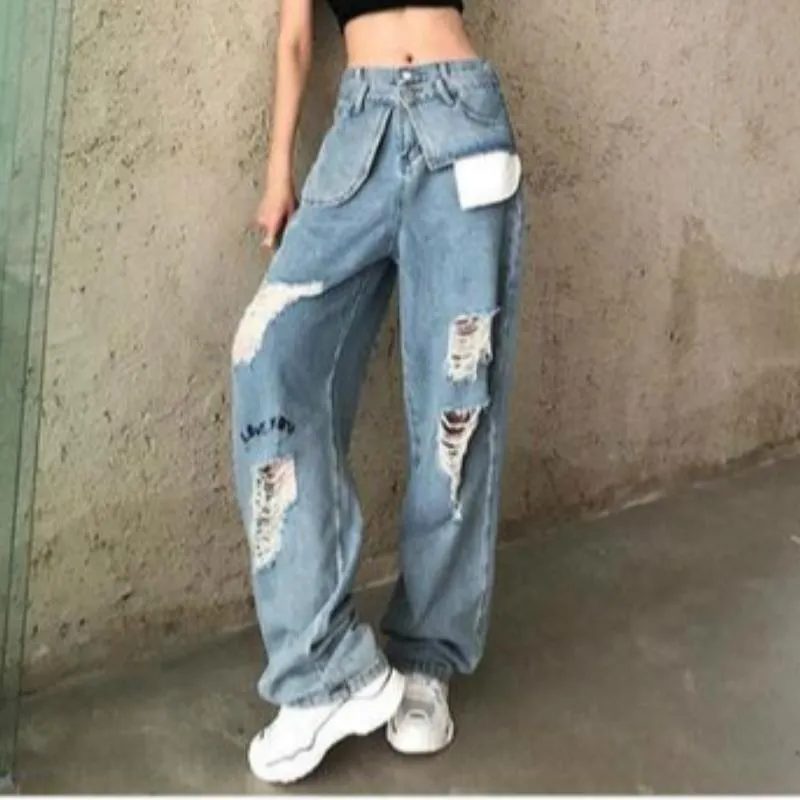 Jean femme grande taille jambe large bleu clair Streetwear pantalon Vintage taille haute ample décontracté trou déchiré Denim pantalon