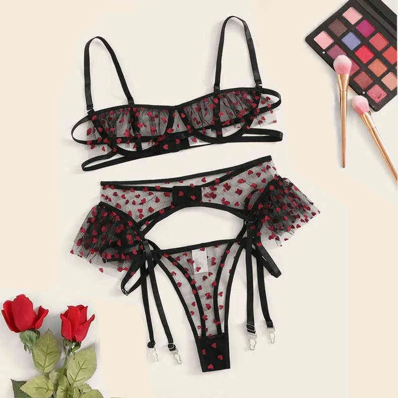 NXY sexy set Aduloty Woman sexy pajamas Heart Print Garter Sheer Lingerie Set Mesh Cupless Underwire Thong cute lace Bra 1127