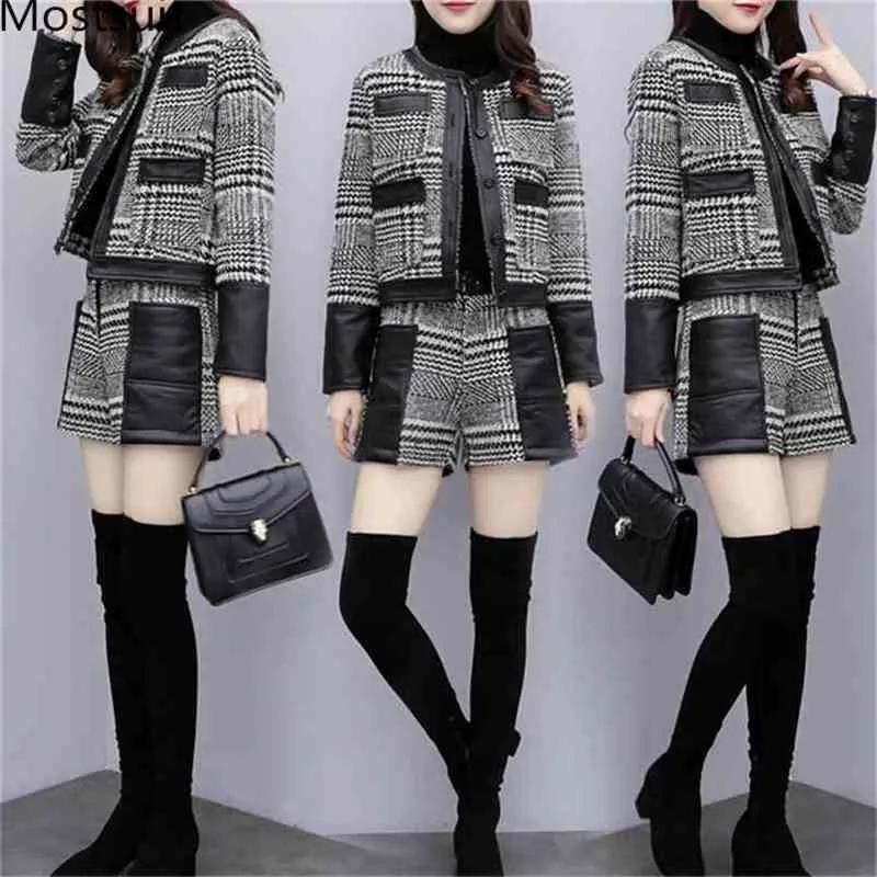 Houndstooth twee stukjes sets outfits vrouwen plus size lange mouw tops en shorts pakken herfst winter dames mode elegant 210513