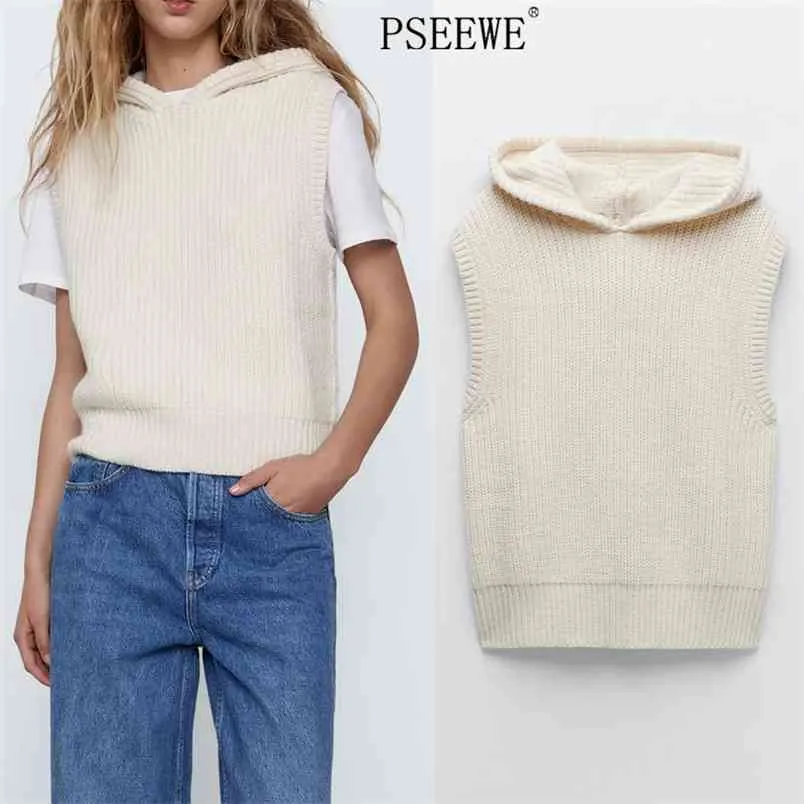 Beige hooded gebreide trui vest vrouwen vintage preppy rib mouwloze vrouw winter casual trui 210519