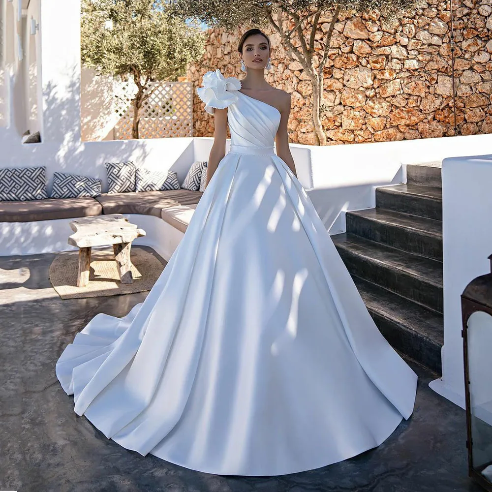 Boho Satin One Shoulder Wedding Dress with One Shoulder, Flowers, and Beading - 2022 Collection