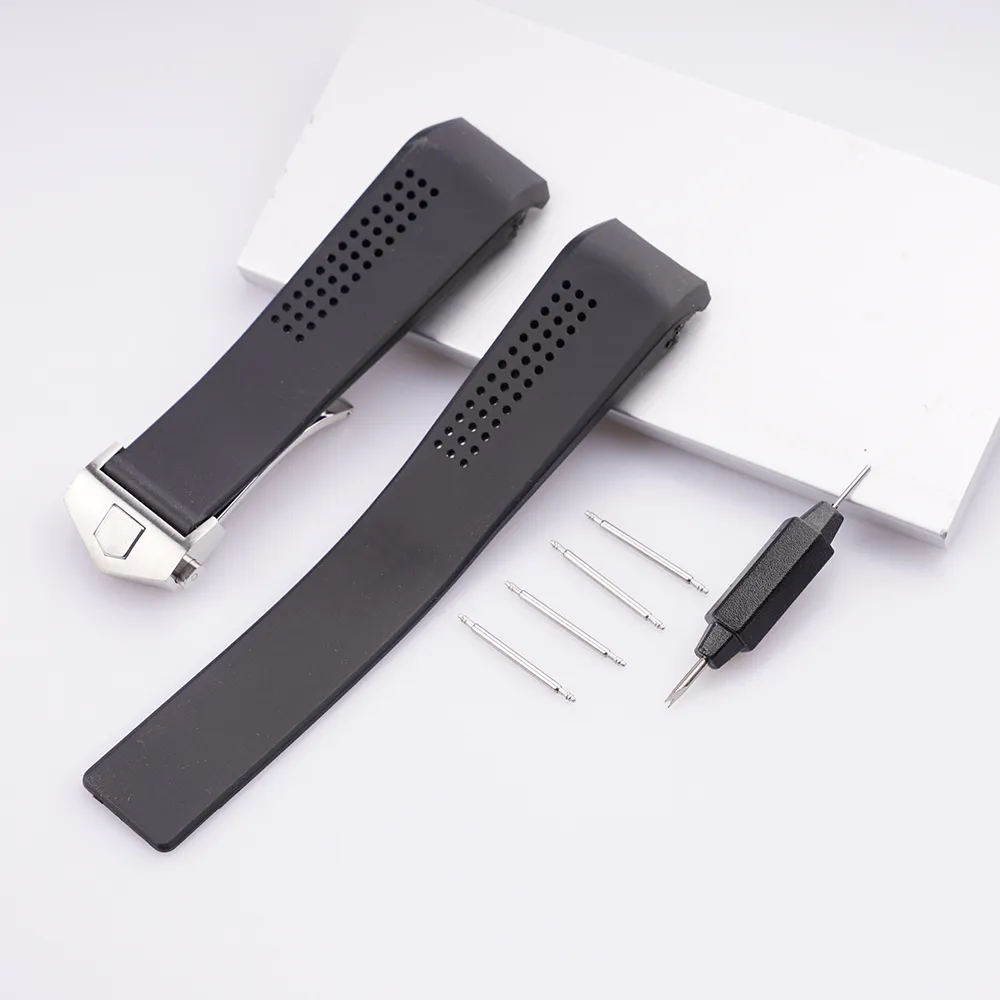 20 22mm New strap black silicone rubber watchbands strap silver deployment clasp for Tag watch Bundled installation tools215j