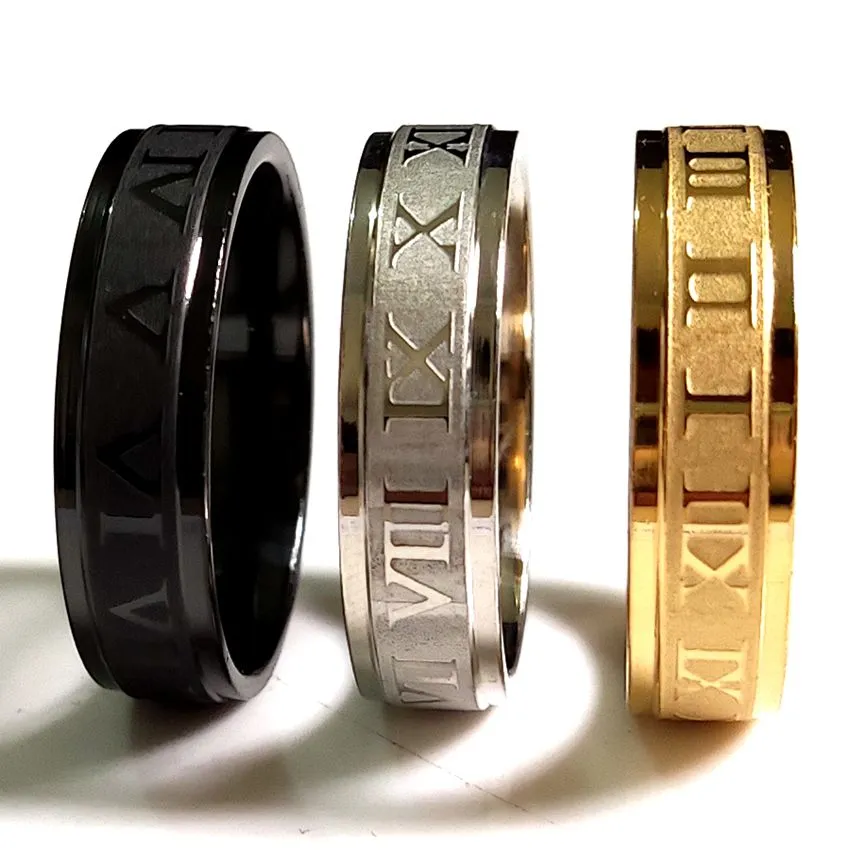 36pcs Gold Silver Black Etched Roman Numerals Mens Womens Stainless Steel Rings Comfortable Jewelry Width 6mm Anniversary Gift