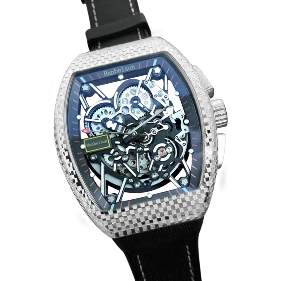 Großhandel Kohlefaser Montre De Luxe Herrenuhren Armbanduhren Automatikwerk Skelettiertes Zifferblatt Gewebtes Stoffarmband Hanbelson