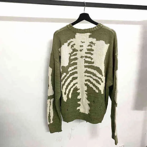 Kapital Green Loose Skeleton Bone Printing Sweater Men Woman Good Quality High Street Damage Hole Vintage 1:1 Knit Sweater 211231