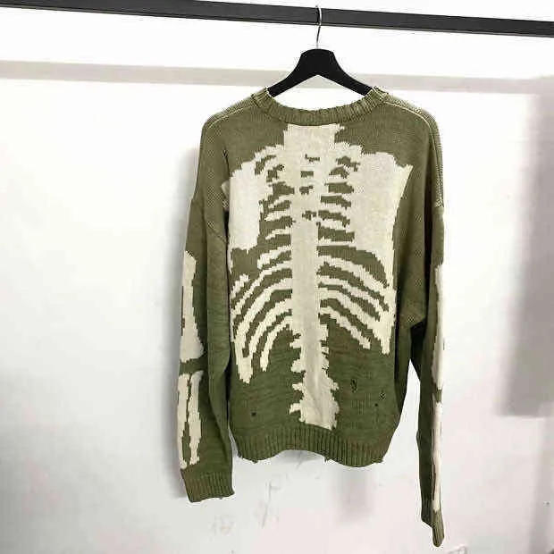 Kapital Green Loose Skeleton Bone Printing Pullover Männer Frau Gute Qualität High Street Damage Hole Vintage 1:1 Strickpullover 211231