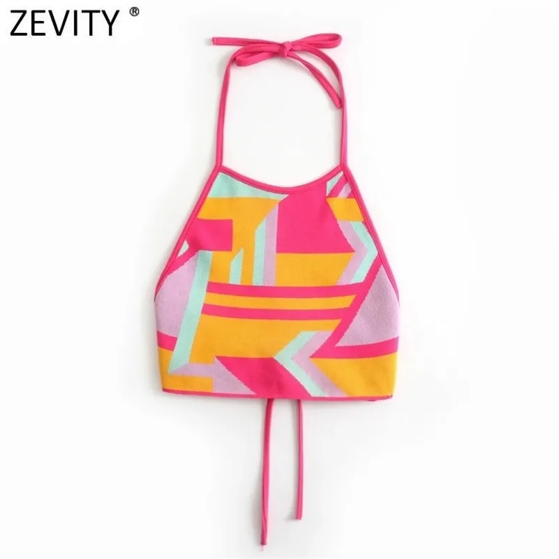 Zevity Women Chic Color Match Geometric Knitting Halter Camis Tank High Street Ladies Summer Backless Lace Up Crop Top LS9427 210625