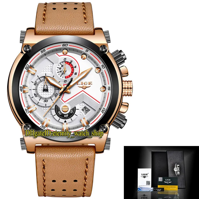 Lige Eternity Lige9856 Esporte Mens Relógios Data Dial Rose Ponteiro De Ouro Japão VK Quartzo Cronógrafo Movimento Homens Assista Black Bezel Liga Caso Caixa De Couro Marrom